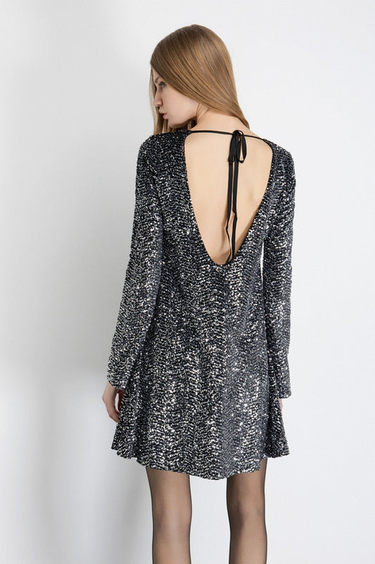 ABITI GAELLE  PARIS AI26 -  Abito Corto A Manica Lunga Con Schiena Nuda In Tessuto Paillettes - GAABW08027