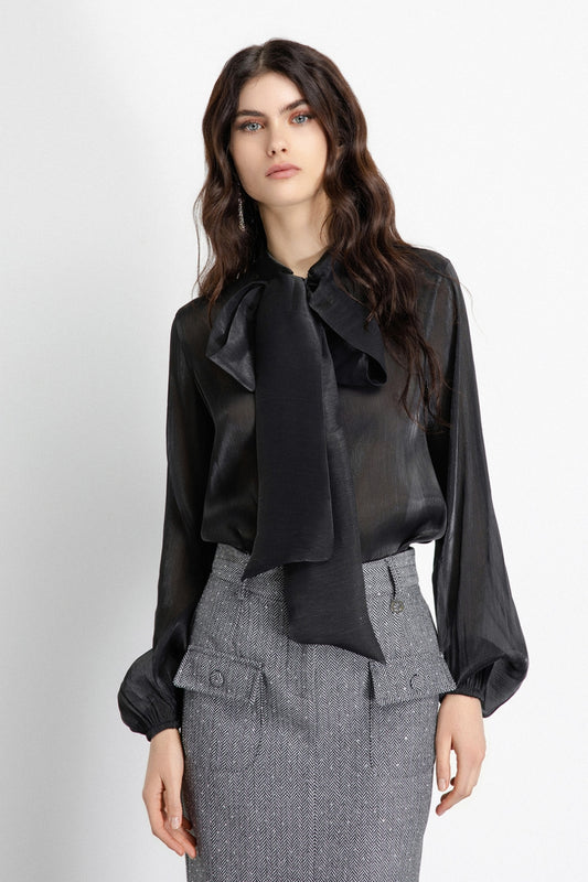 MAGLIERIA GAELLE  PARIS AI26 -  Blusa Con Collo A Sciarpa E Maniche A Sbuffo In Georgette -  GAABW08241